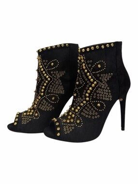 ZARA BLACK LEATHER HIGH HEEL STUDDED PEEP TOE ANKLE BOOTS Size EUR37